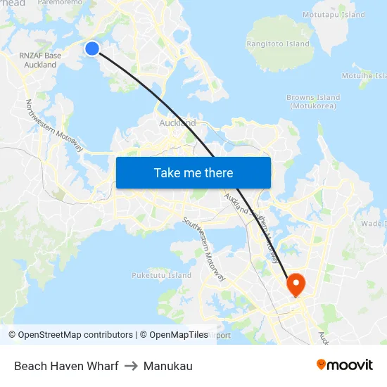 Beach Haven Wharf to Manukau map