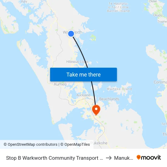 Stop B Warkworth Community Transport Hub to Manukau map