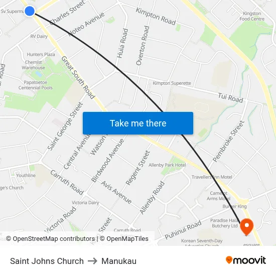 Saint Johns Church to Manukau map
