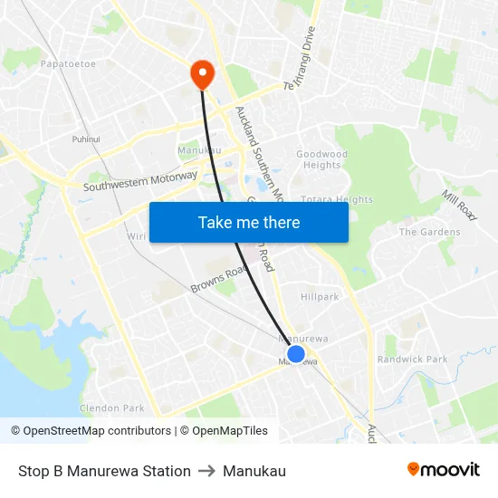 Stop B Manurewa Station to Manukau map