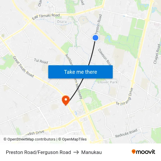 Preston Road/Ferguson Road to Manukau map
