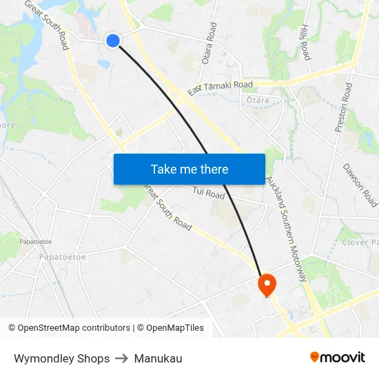 Wymondley Shops to Manukau map