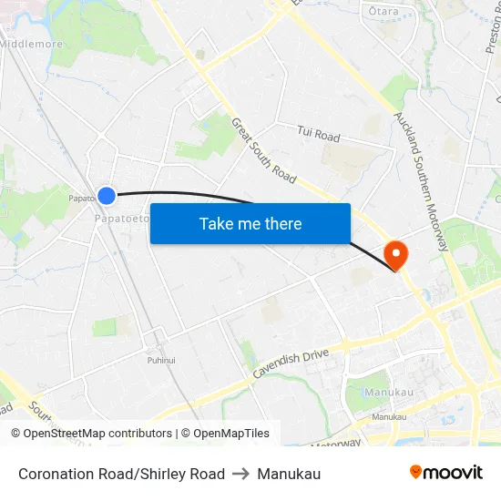 Coronation Road/Shirley Road to Manukau map