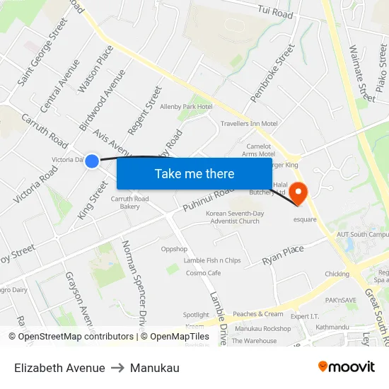 Elizabeth Avenue to Manukau map