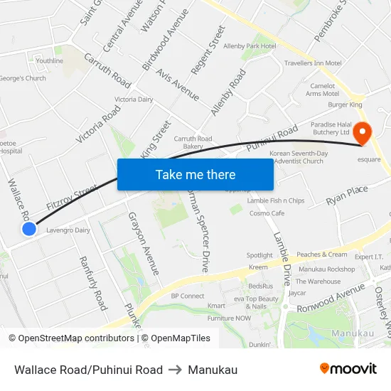 Wallace Road/Puhinui Road to Manukau map