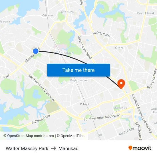 Walter Massey Park to Manukau map