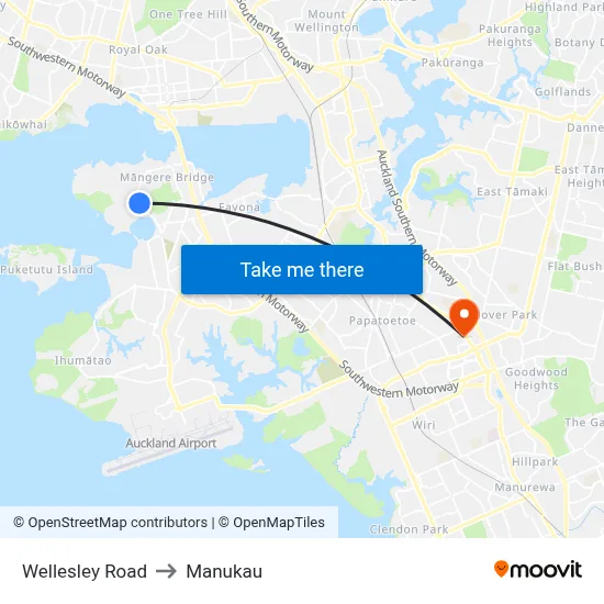 Wellesley Road to Manukau map