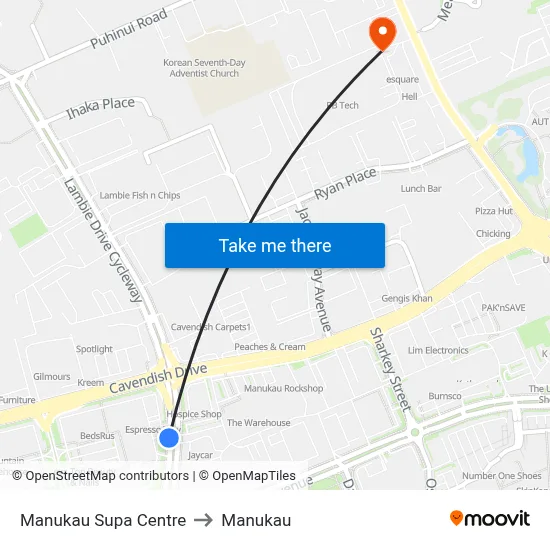 Manukau Supa Centre to Manukau map