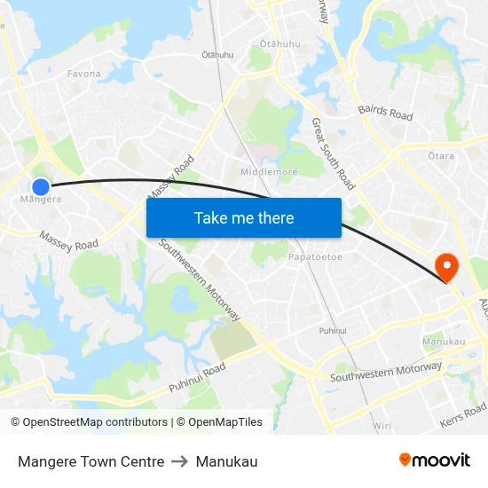 Mangere Town Centre to Manukau map
