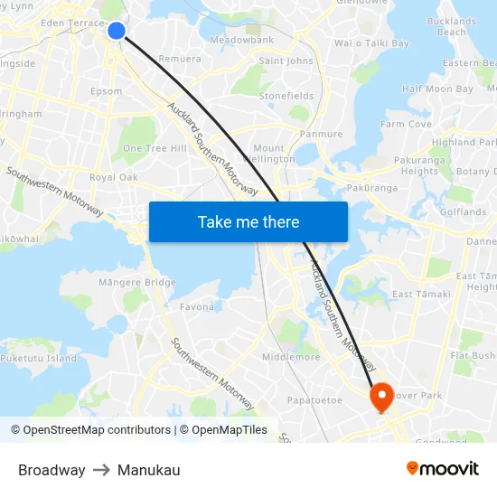 Broadway to Manukau map