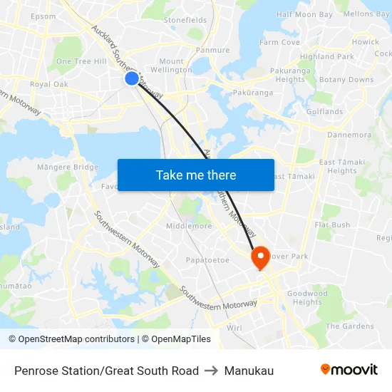 Penrose Station/Great South Road to Manukau map