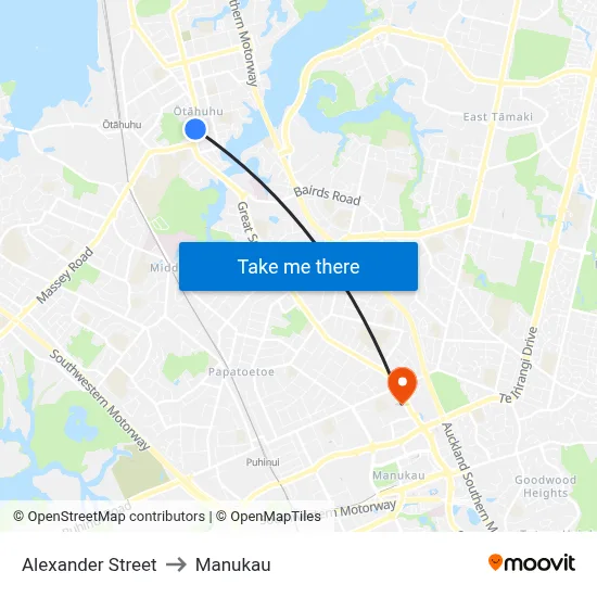 Alexander Street to Manukau map