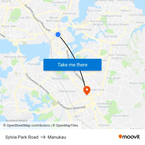 Sylvia Park Road to Manukau map