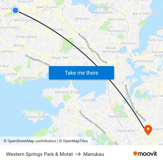 Western Springs Park & Motat to Manukau map