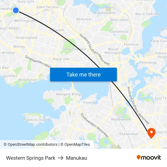 Western Springs Park to Manukau map