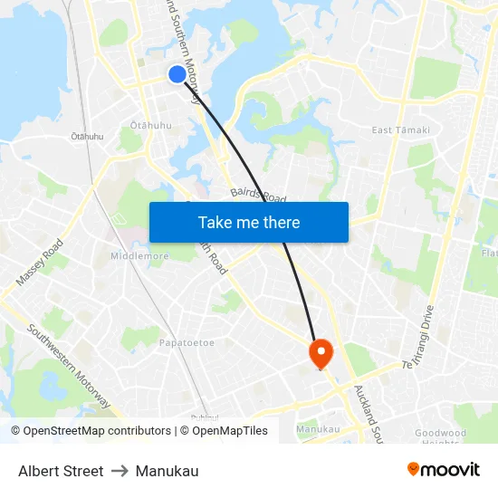 Albert Street to Manukau map