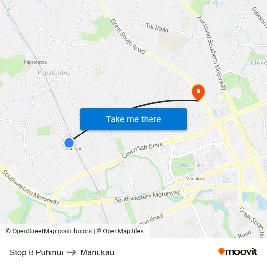Stop B Puhinui to Manukau map