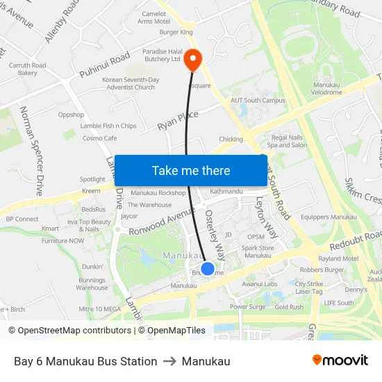 Bay 6 Manukau Bus Station to Manukau map