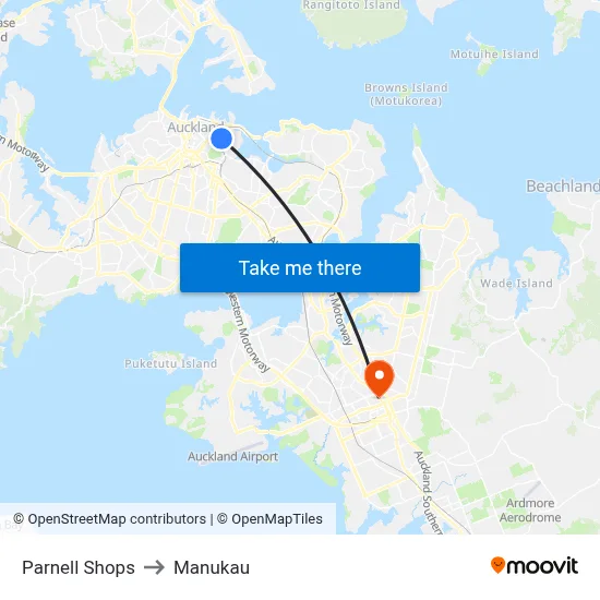 Parnell Shops to Manukau map