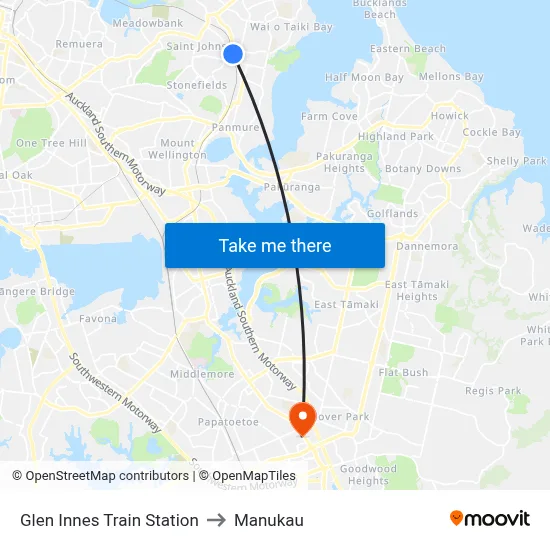 Glen Innes Train Station to Manukau map