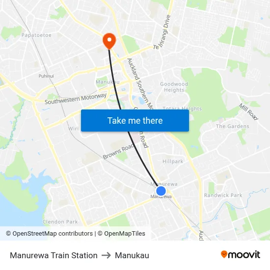 Manurewa Train Station to Manukau map