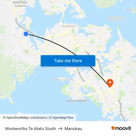 Woolworths Te Atatu South to Manukau map
