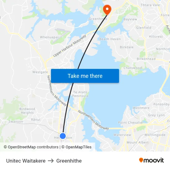 Unitec Waitakere to Greenhithe map