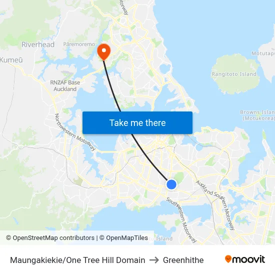 Maungakiekie/One Tree Hill Domain to Greenhithe map