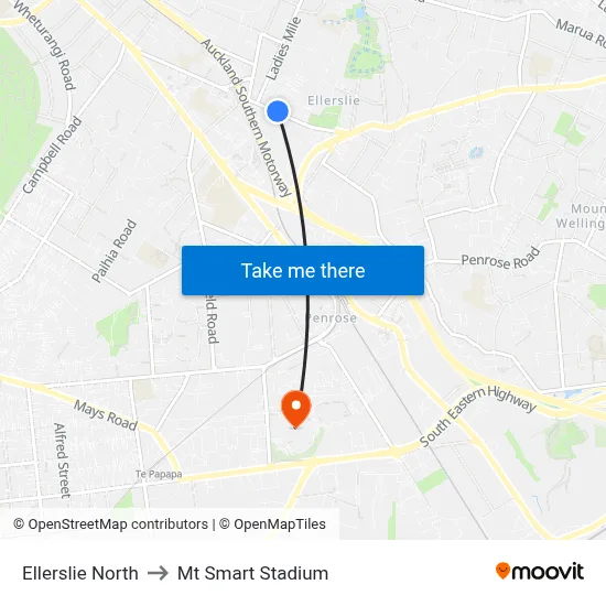 Ellerslie North to Mt Smart Stadium map