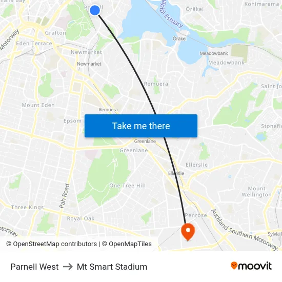 Parnell West to Mt Smart Stadium map