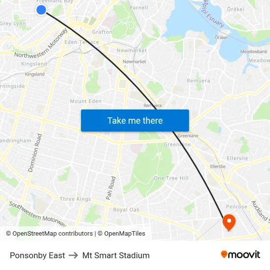 Ponsonby East to Mt Smart Stadium map