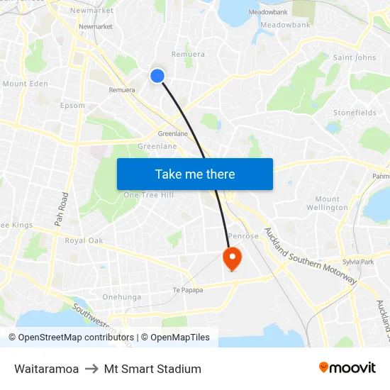 Waitaramoa to Mt Smart Stadium map