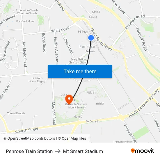 Penrose Train Station to Mt Smart Stadium map