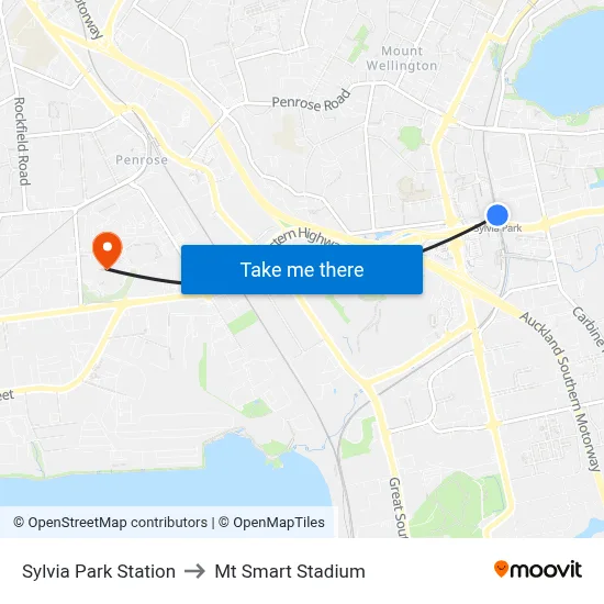Sylvia Park Station to Mt Smart Stadium map