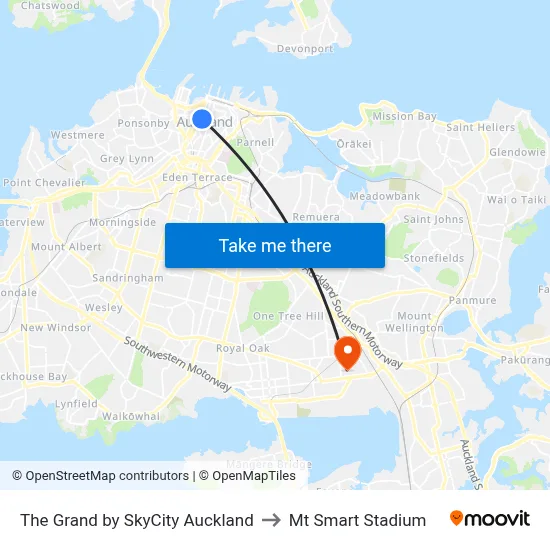 The Grand by SkyCity Auckland to Mt Smart Stadium map