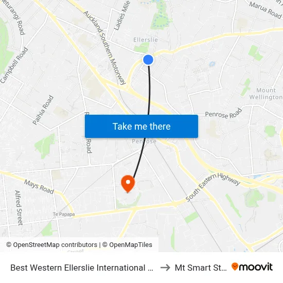 Best Western Ellerslie International Hotel Auckland to Mt Smart Stadium map