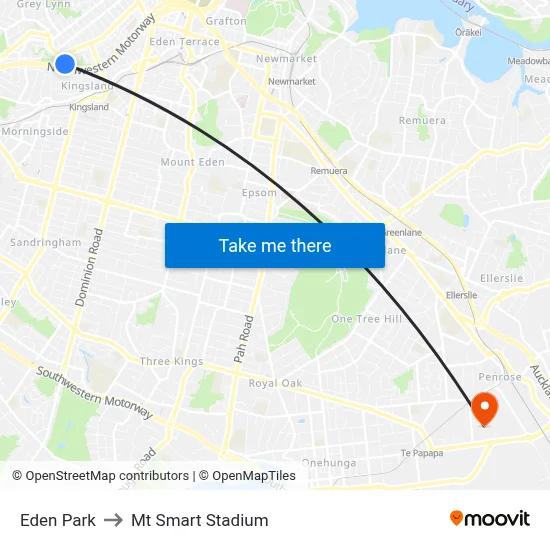 Eden Park to Mt Smart Stadium map