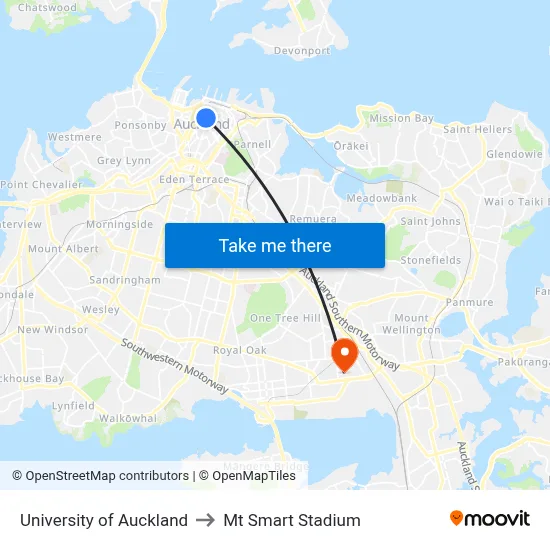 University of Auckland to Mt Smart Stadium map