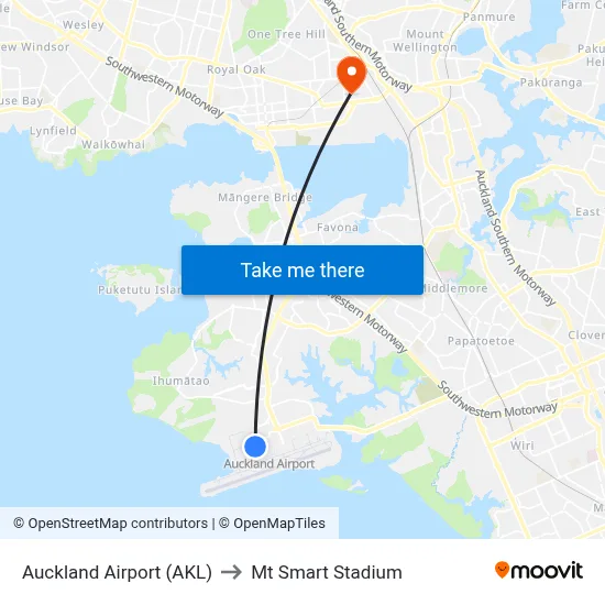 Auckland Airport (AKL) to Mt Smart Stadium map