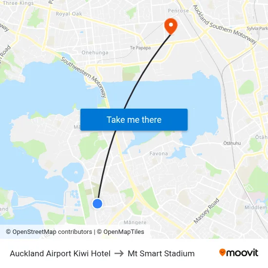 Auckland Airport Kiwi Hotel to Mt Smart Stadium map