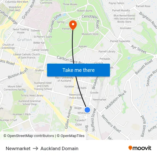 Newmarket to Auckland Domain map