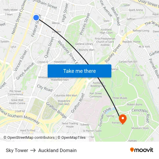 Sky Tower to Auckland Domain map