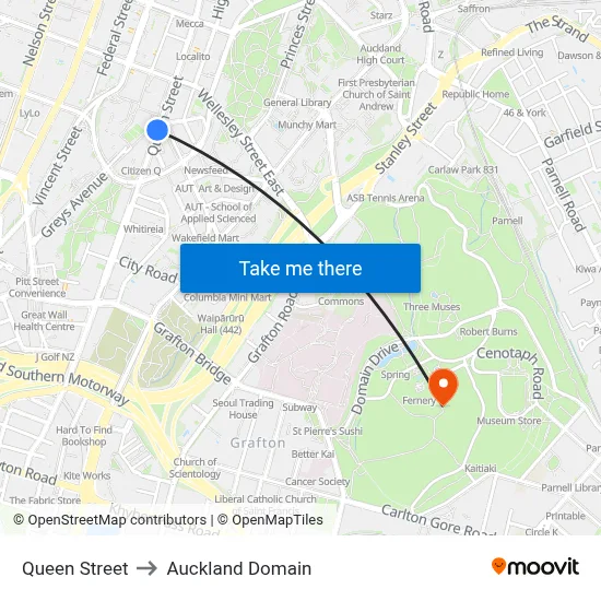 Queen Street to Auckland Domain map