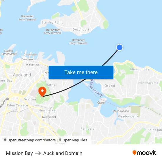 Mission Bay to Auckland Domain map