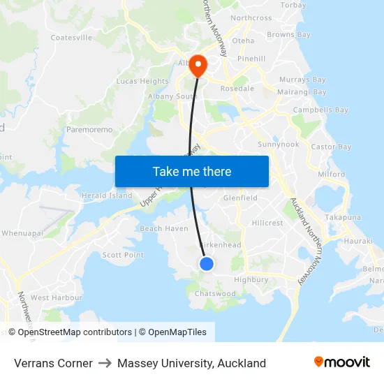 Verrans Corner to Massey University, Auckland map