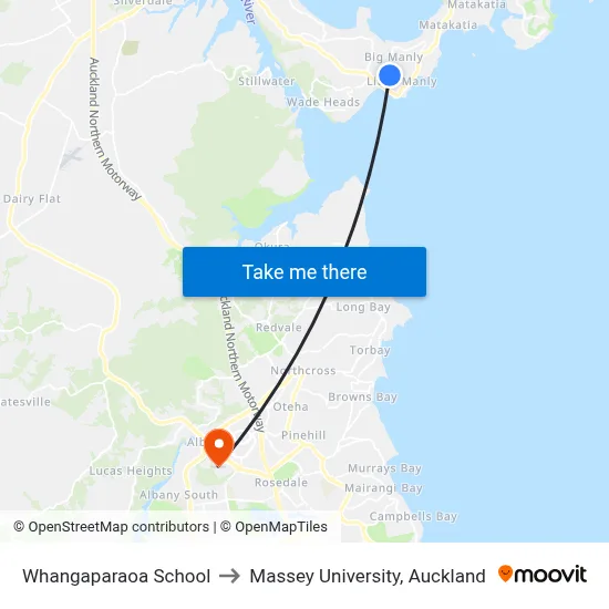 Whangaparaoa School to Massey University, Auckland map