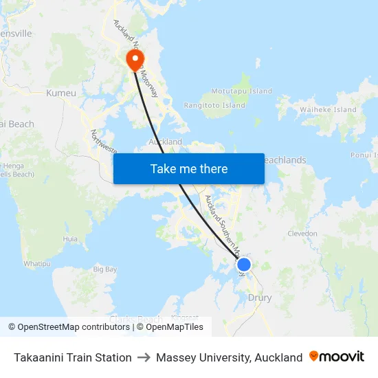 Takaanini Train Station to Massey University, Auckland map