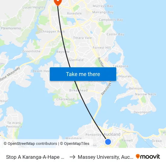 Stop A Karanga-A-Hape Station to Massey University, Auckland map