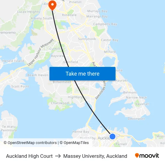 Auckland High Court to Massey University, Auckland map