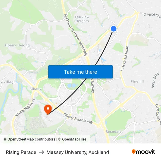 Rising Parade to Massey University, Auckland map
